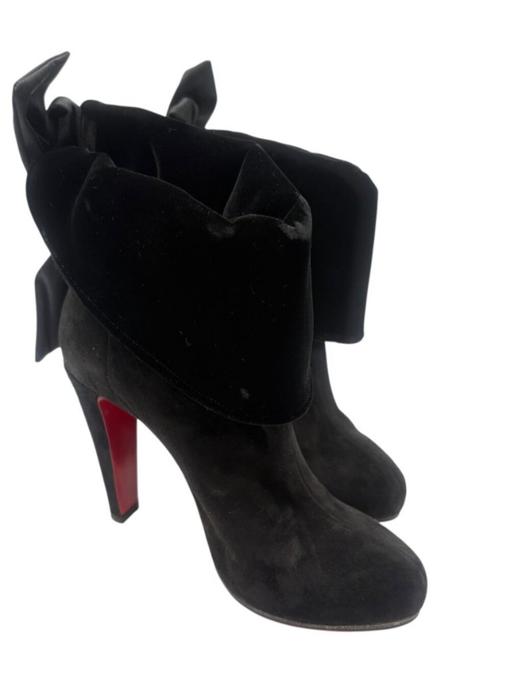 Christian Louboutin Lata 60 Cafe Black Suede Satin Bow Ankle Boots Sz 36